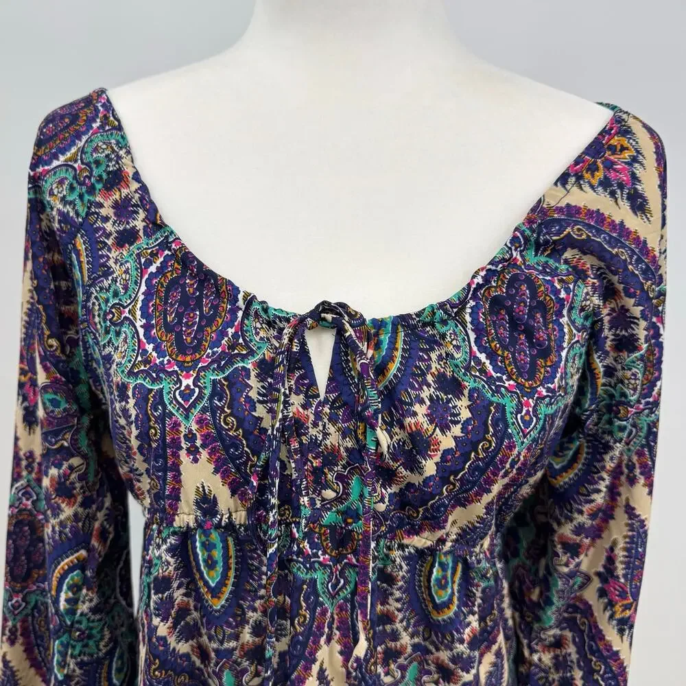 Earthbound Long Sleeve Midi Dress M Purple Paisley Y2K Tie Neck Babydoll Boho - Picture 2 of 9